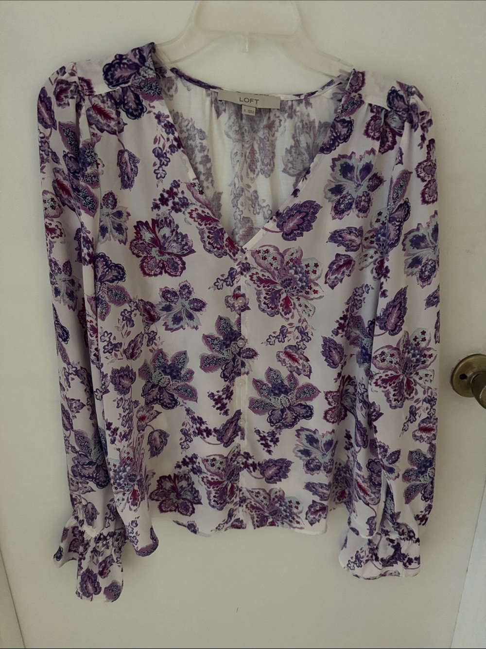 LOFT White Blouse with Purple Floral Print V-Neck